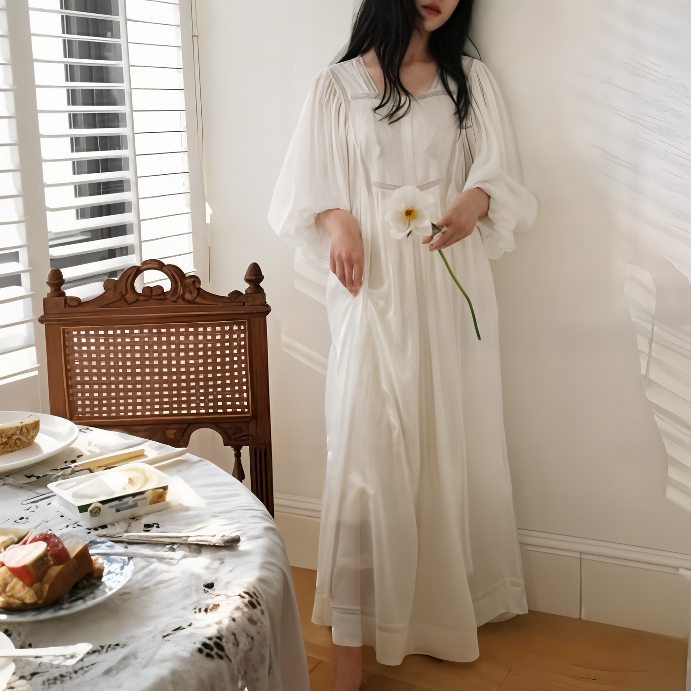 Vintage Embroidered Cotton Nightgown – Victorian Long Princess Sleepwear for Women
