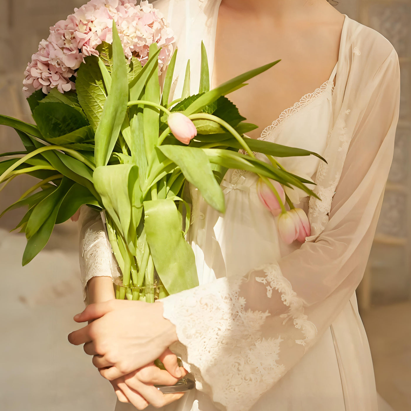 Light pink chiffon nightgown with lace embroidery, button-front detail and long sheer sleeves – Velourine Attire elegant sleepwear