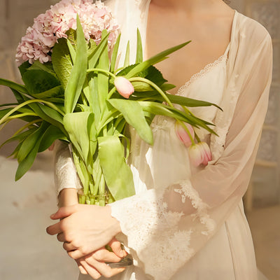 Light pink chiffon nightgown with lace embroidery, button-front detail and long sheer sleeves – Velourine Attire elegant sleepwear