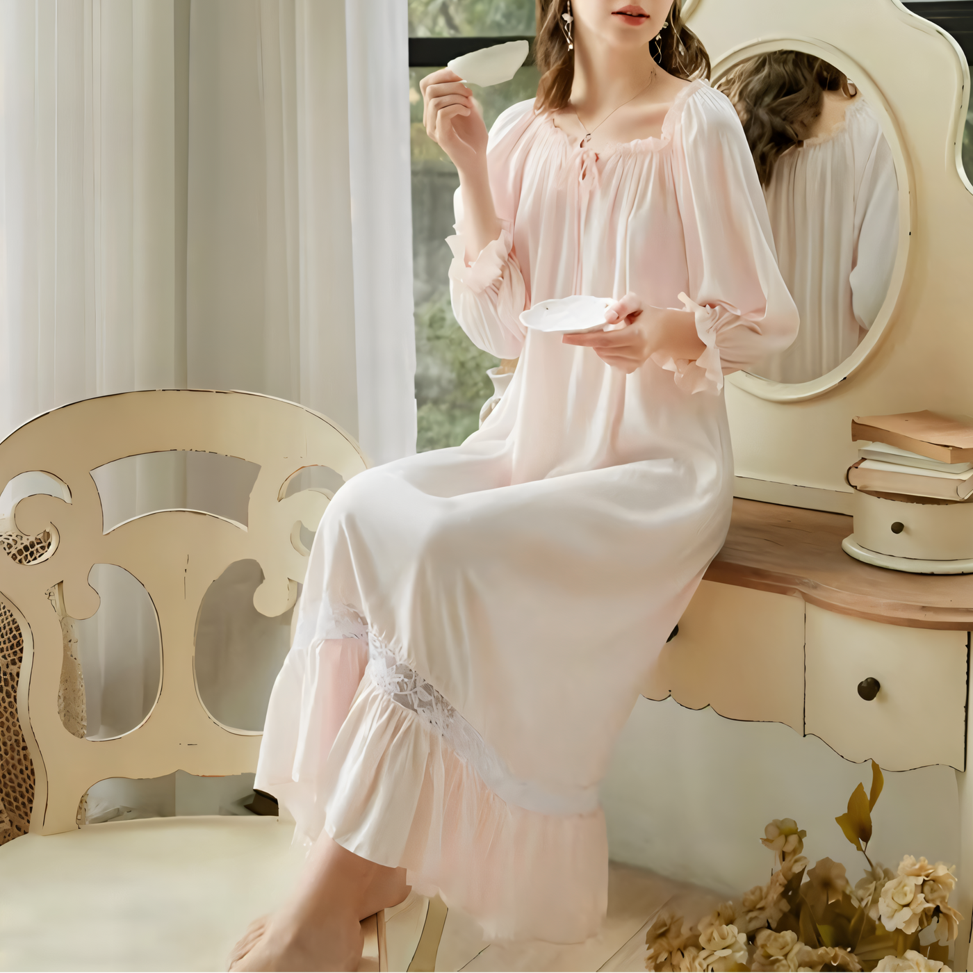 Victorian Cotton Lace Nightgown – Summer Long Robe Sleepwear
