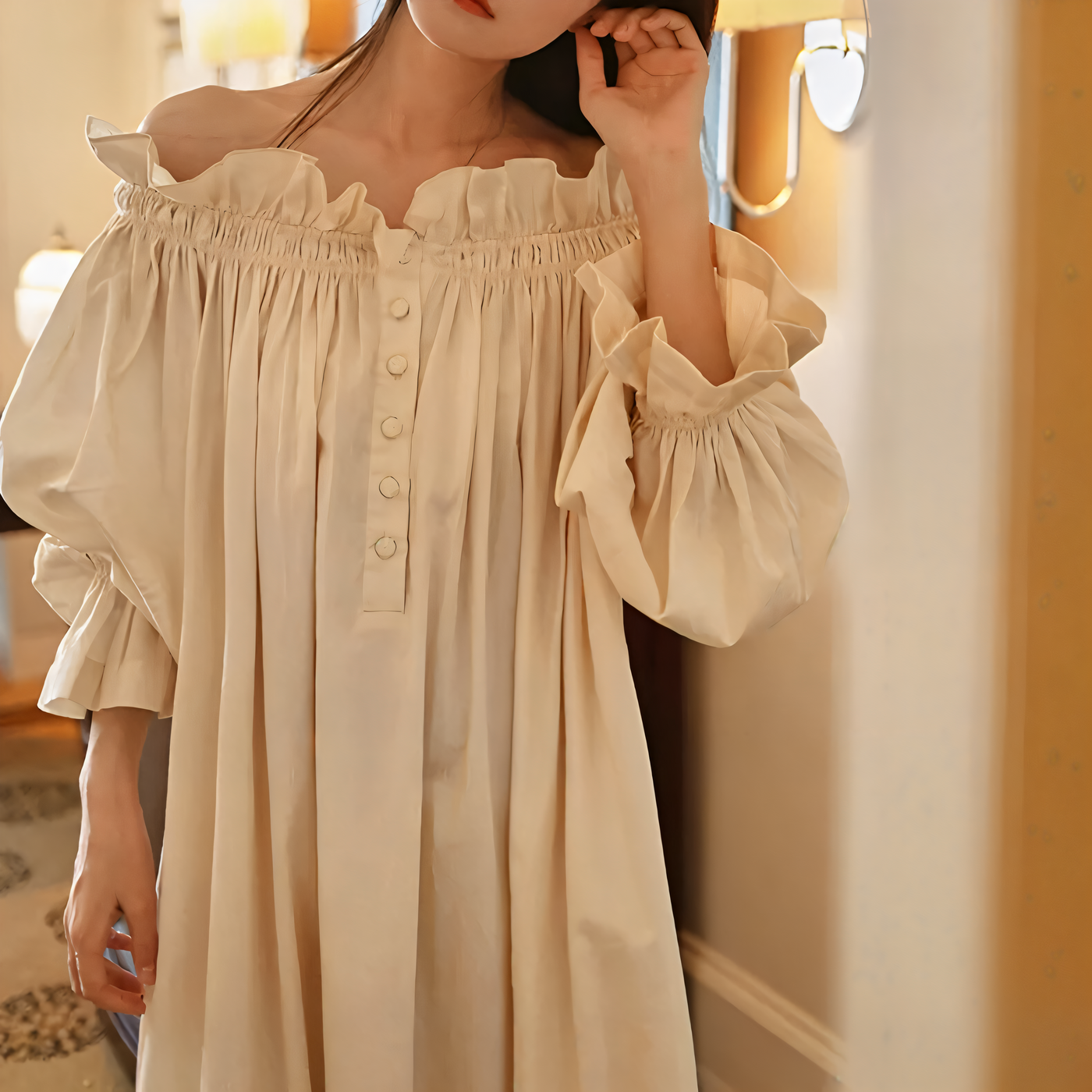 Full-length off shoulder apricot cotton nightdress with pleated front and buttons – Velourine Attire