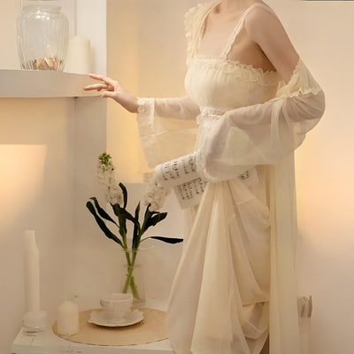 Cream chiffon nightgown with lace straps and delicate ruffle trim – Velourine Attire vintage-inspired sleepwear