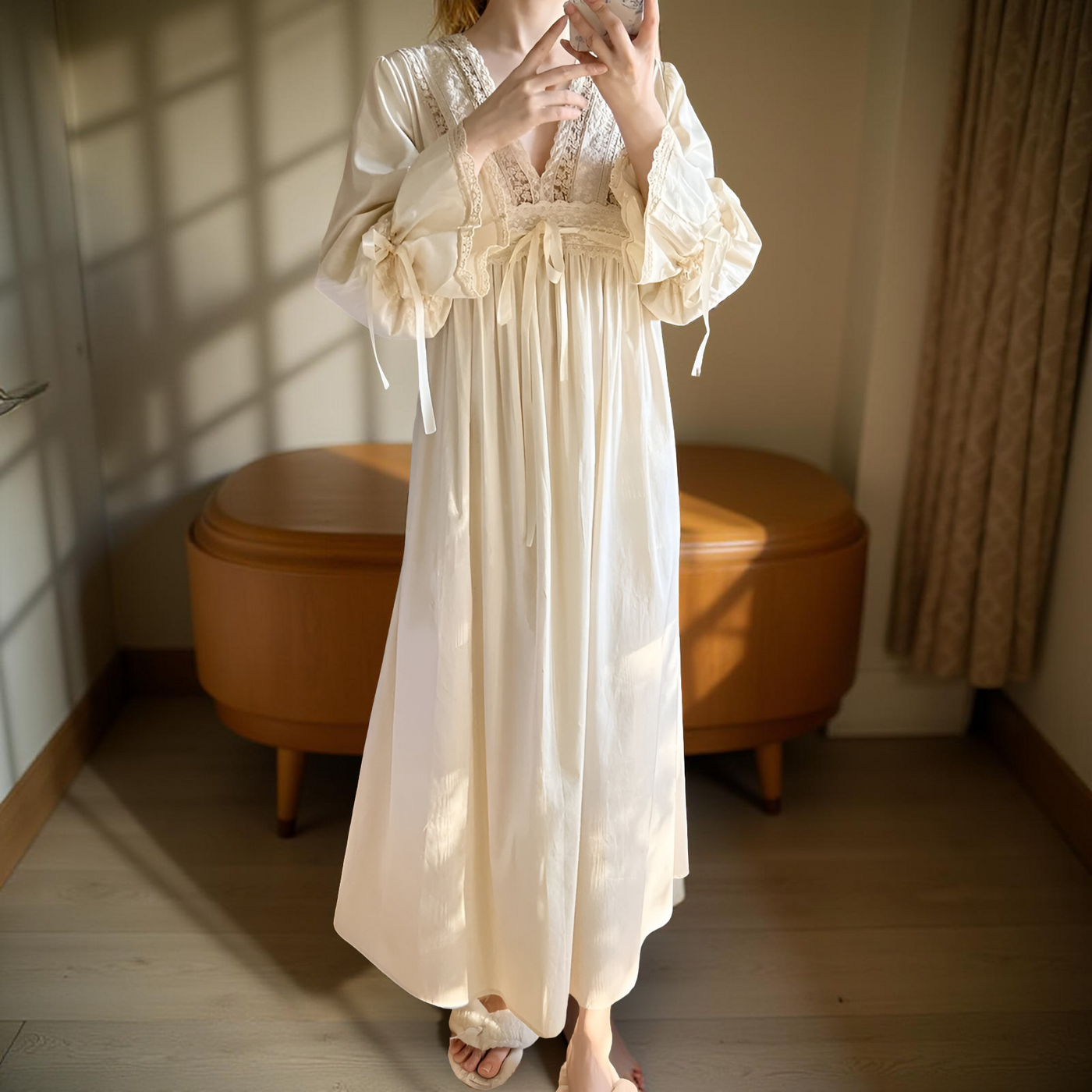 Full-length apricot vintage nightdress with lace trim – Velourine Attire