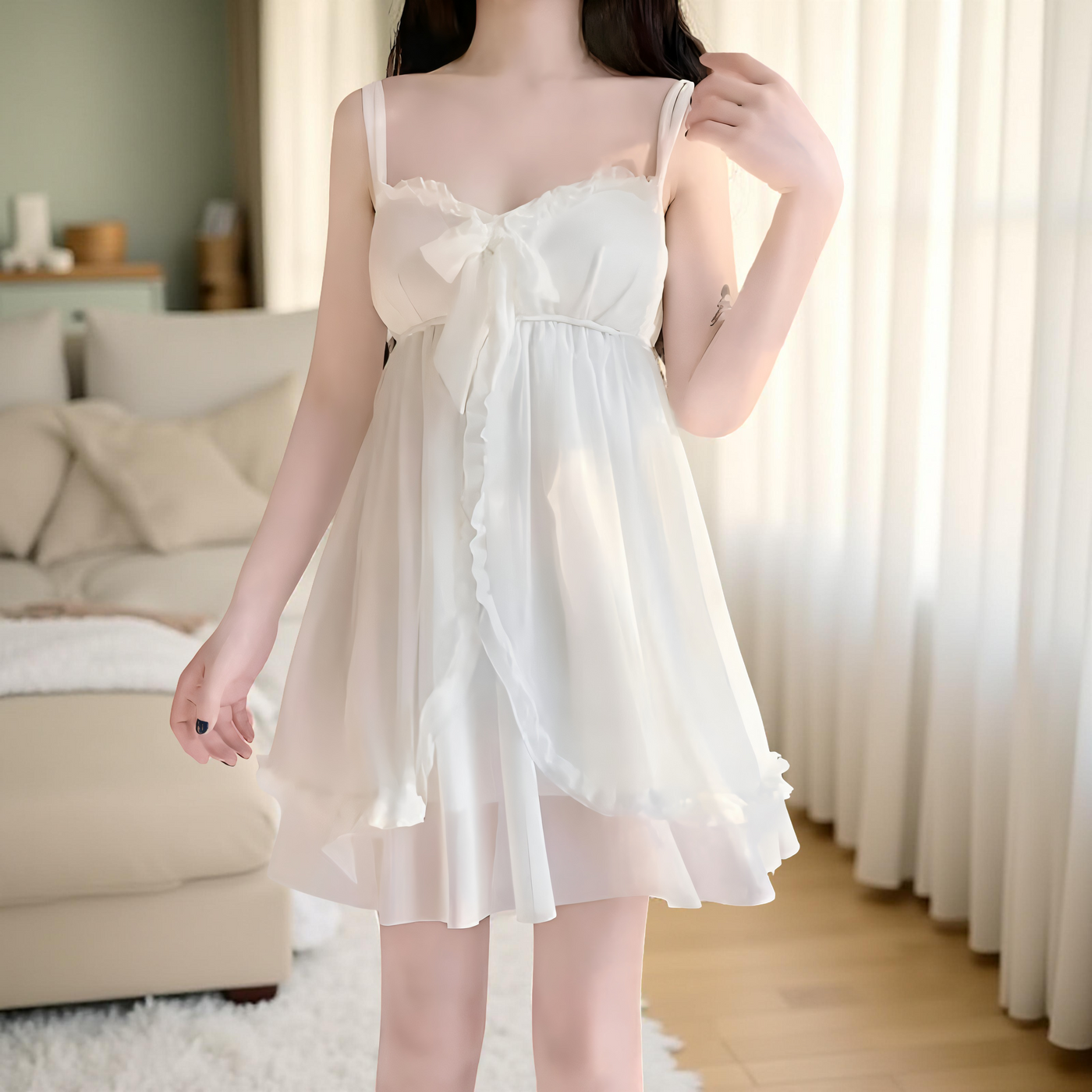 White sheer chiffon nightdress with lace trim and bow front – Velourine Attire elegant sleepwear”