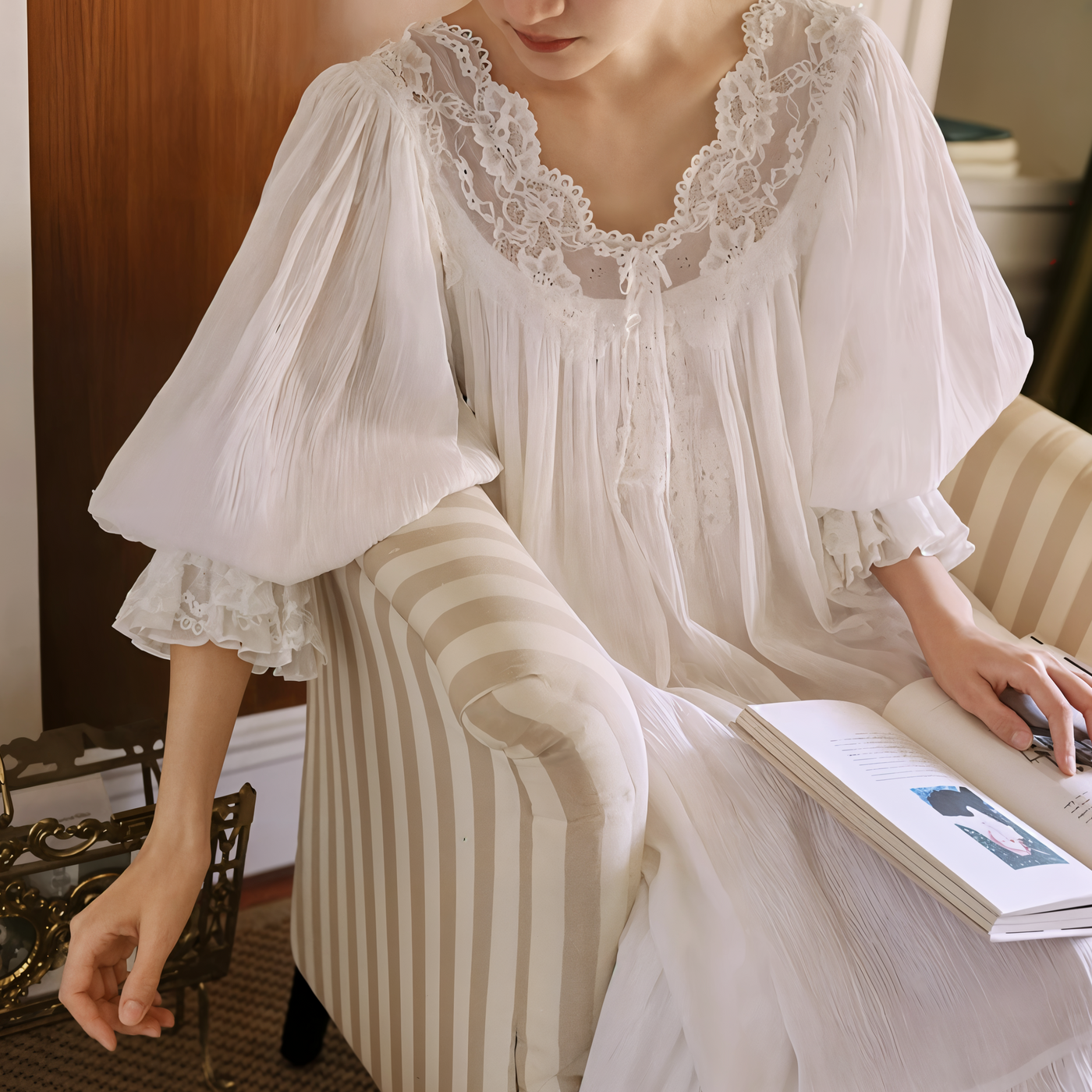 Romantic White Lace Nightgown – Long, Loose-Fit 100% Cotton Sleepwear for Women