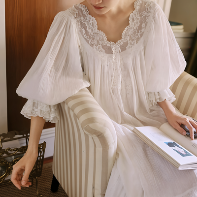 Romantic White Lace Nightgown – Long, Loose-Fit 100% Cotton Sleepwear for Women