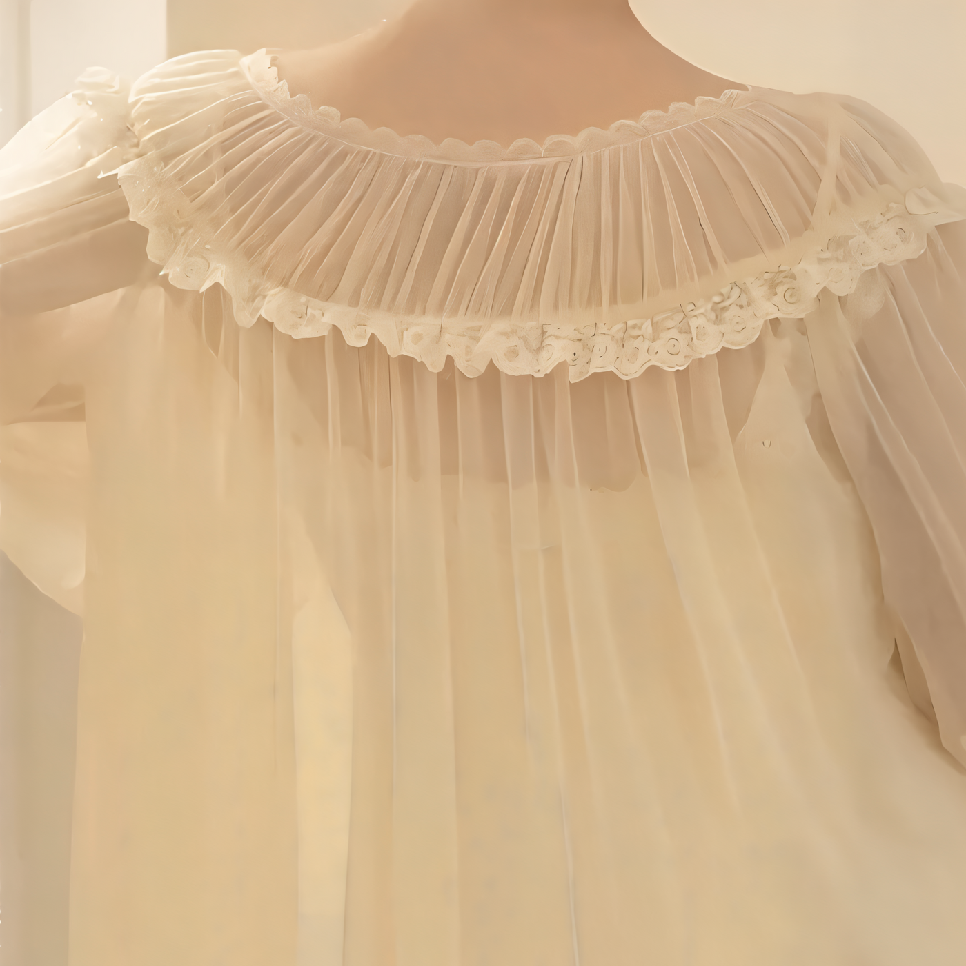 Back view of Cream chiffon nightgown with lace straps and delicate ruffle trim – Velourine Attire vintage-inspired sleepwear