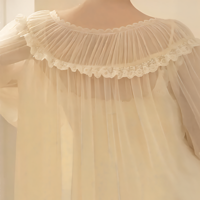 Back view of Cream chiffon nightgown with lace straps and delicate ruffle trim – Velourine Attire vintage-inspired sleepwear