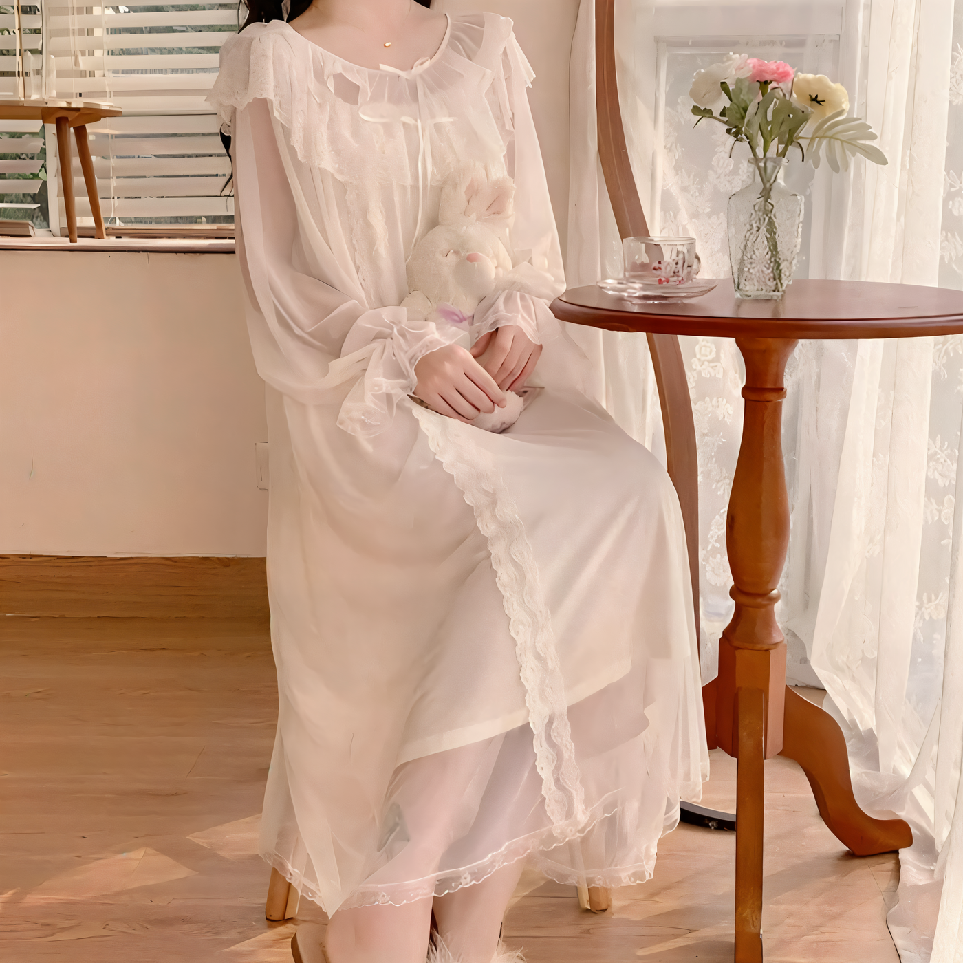 Close-up of lace ruffle neckline on white chiffon vintage nightgown – Velourine Attire