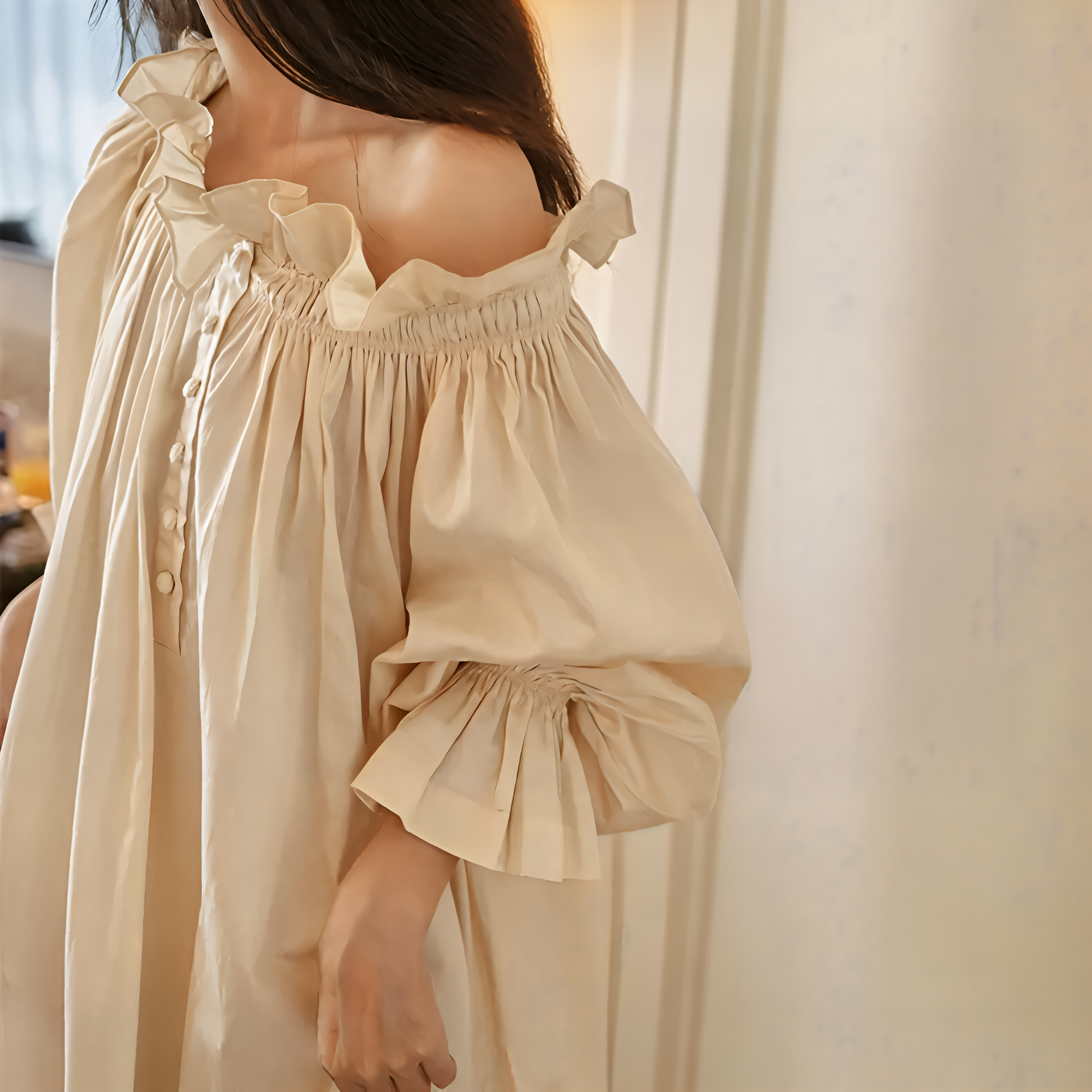 Modern off shoulder apricot cotton nightdress with pleated front and buttons – Velourine Attire