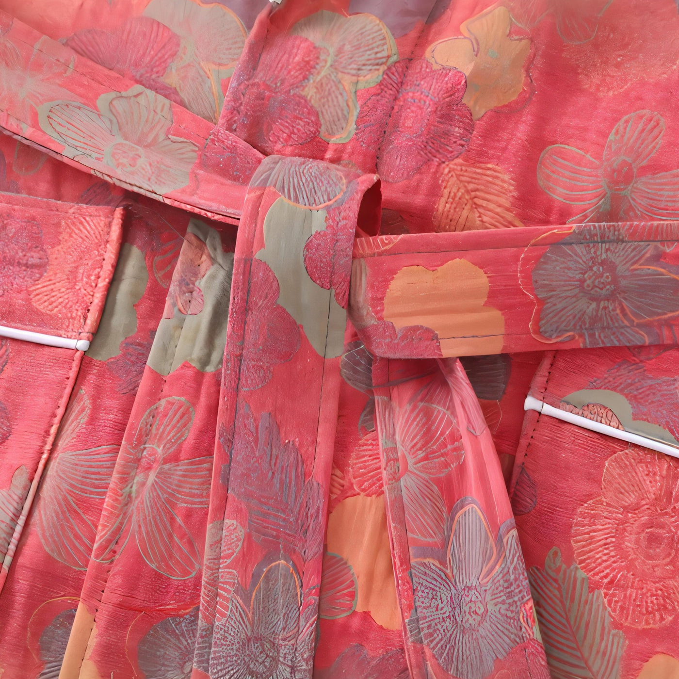 Close view of Women’s coral floral print cotton robe with belt and front pockets – Velourine Attire loungewear
