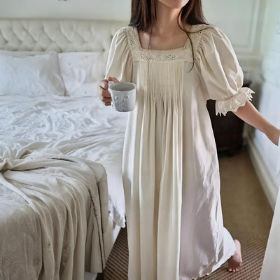 New Apricot cotton nightgown with puff sleeves, lace trim and pleated front – Velourine Attire vintage sleepwear