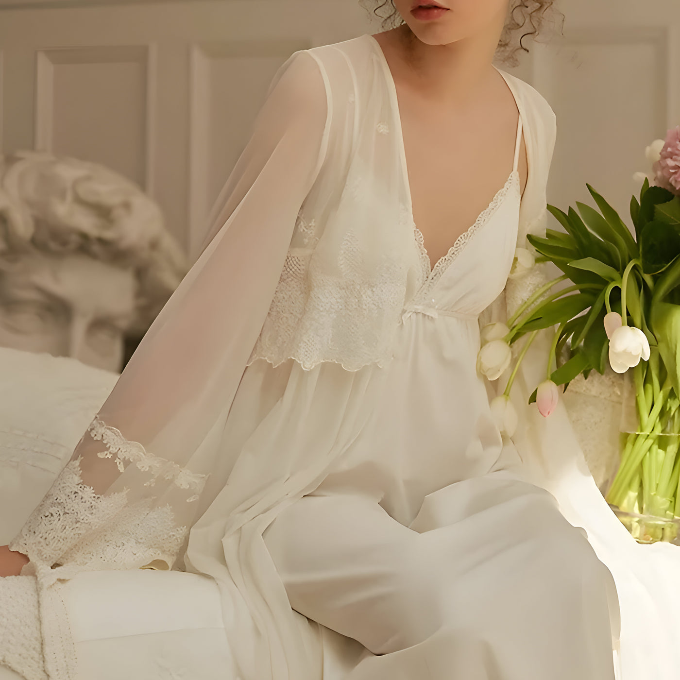 Model wearing White Modern lace-trimmed chiffon nightgown outdoors – Velourine Attire sleepwear