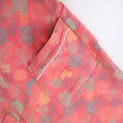 Pocket closer view of Women’s coral floral print cotton robe with belt and front pockets – Velourine Attire loungewear