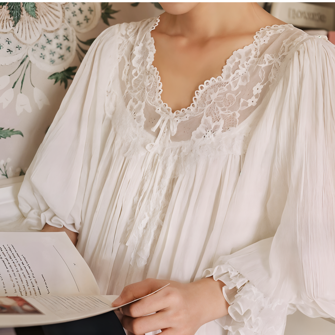 Romantic White Lace Nightgown – Long, Loose-Fit 100% Cotton Sleepwear for Women