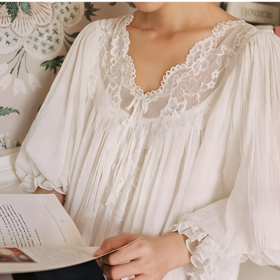 Romantic White Lace Nightgown – Long, Loose-Fit 100% Cotton Sleepwear for Women