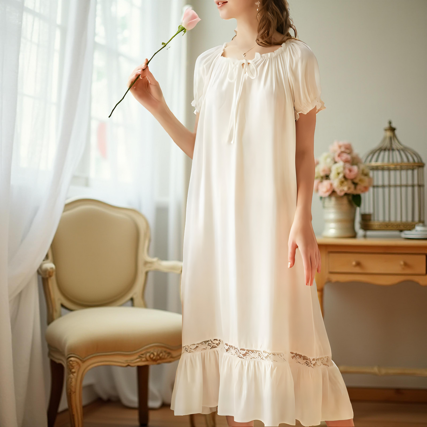 Victorian Cotton Lace Nightgown – Summer Long Robe Sleepwear