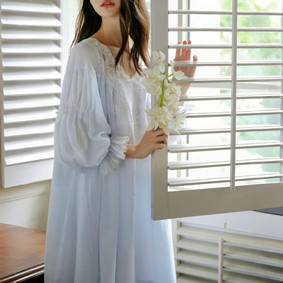 Vintage blue long-sleeve nightgown with lace neckline and flowing skirt – Velourine Attire elegant sleepwear