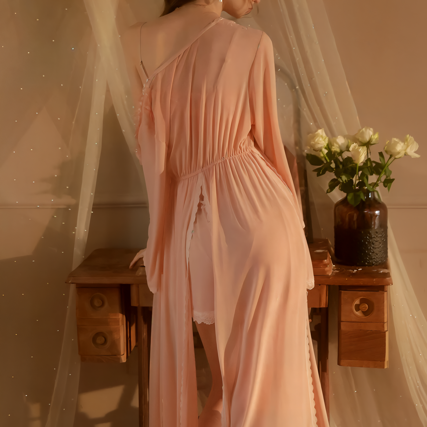 Back view of Sheer Pink lace nightdress with matching robe and deep V neckline – Velourine Attire luxury lingerie