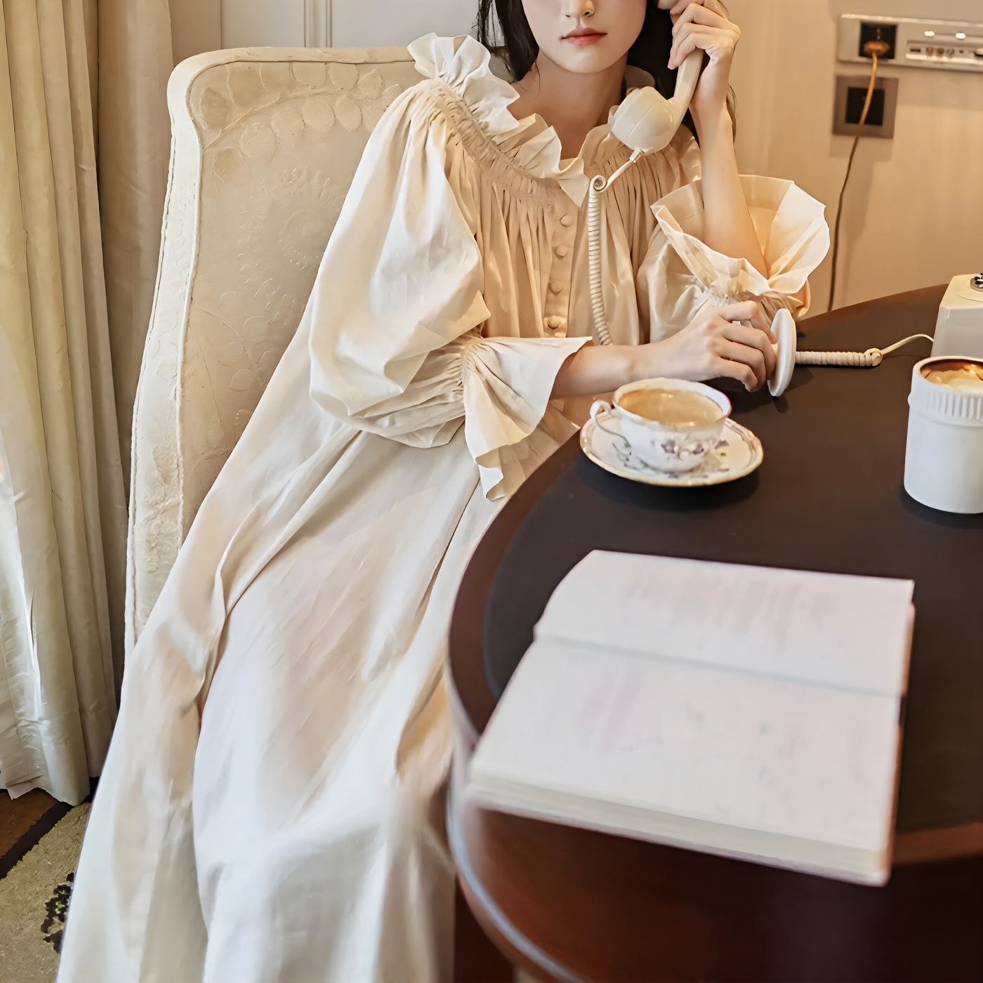 Modern apricot cotton nightdress with pleated front and buttons – Velourine Attire