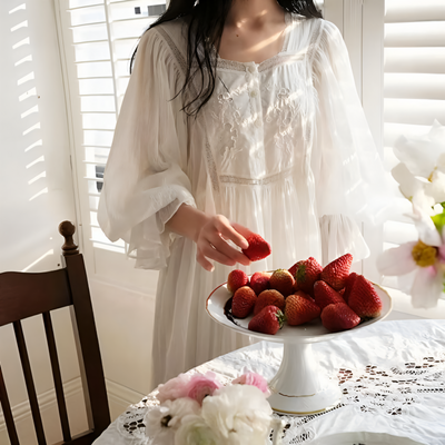 Vintage Embroidered Cotton Nightgown – Victorian Long Princess Sleepwear for Women