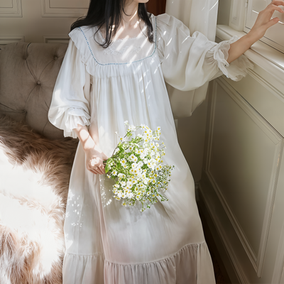 Victorian Lolita Style Night Dress – White Embroidered Cotton Lace Nightgown for Women