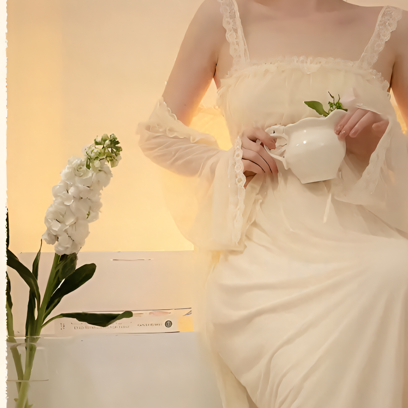 Cream chiffon nightgown with lace straps and delicate ruffle trim – Velourine Attire vintage-inspired sleepwear