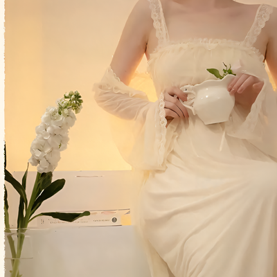 Cream chiffon nightgown with lace straps and delicate ruffle trim – Velourine Attire vintage-inspired sleepwear