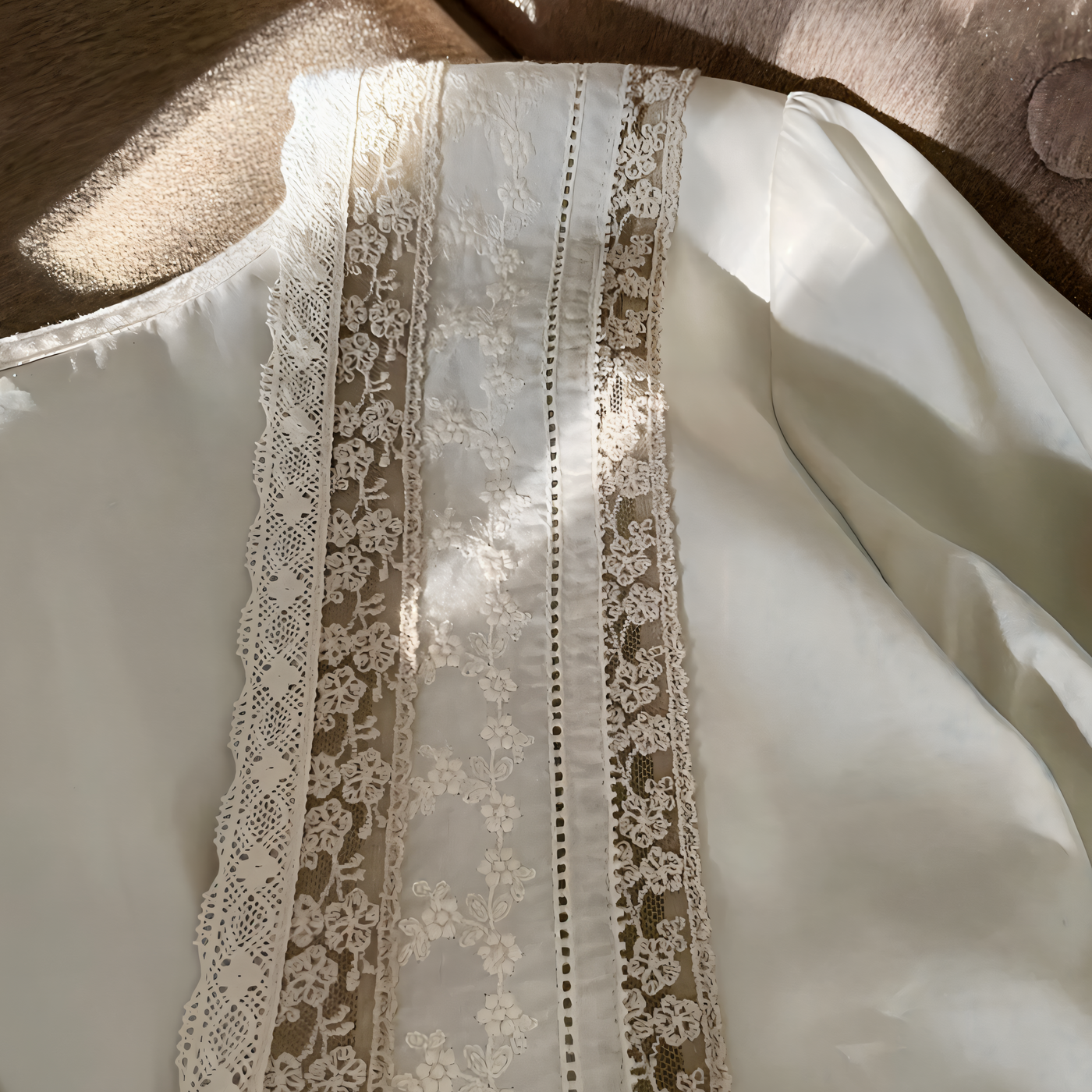 Close-up of a white garment with lace detailing on a wooden surface.
