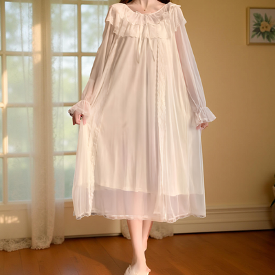 Full length view  of lace ruffle neckline on white chiffon vintage nightgown – Velourine Attire