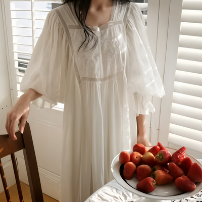Vintage Embroidered Cotton Nightgown – Victorian Long Princess Sleepwear for Women