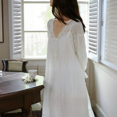 New Vintage white long-sleeve nightgown with lace neckline and flowing skirt – Velourine Attire elegant sleepwear