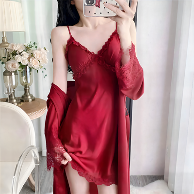 Red satin slip dress with lace trim and matching robe – Velourine Attire elegant nightwear set