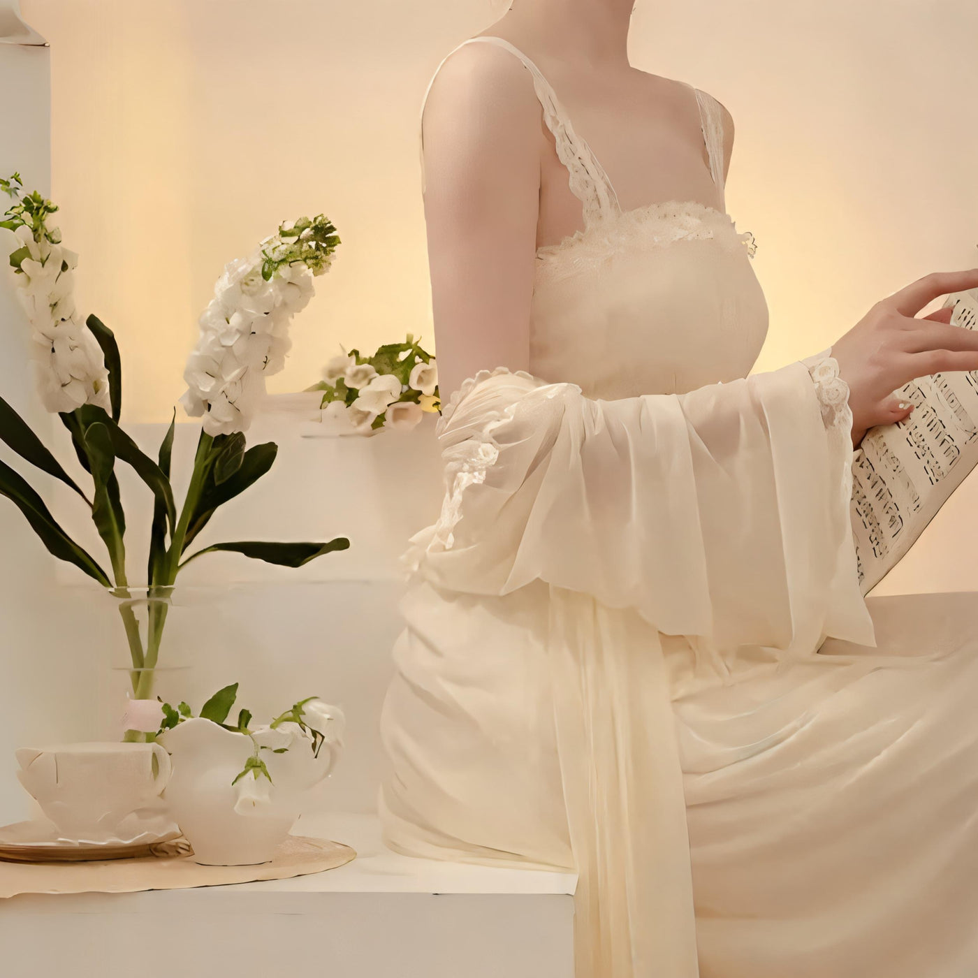 Closer view of Cream chiffon nightgown with lace straps and delicate ruffle trim – Velourine Attire vintage-inspired sleepwear