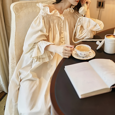 Stylish apricot cotton nightdress with pleated front and buttons – Velourine Attire