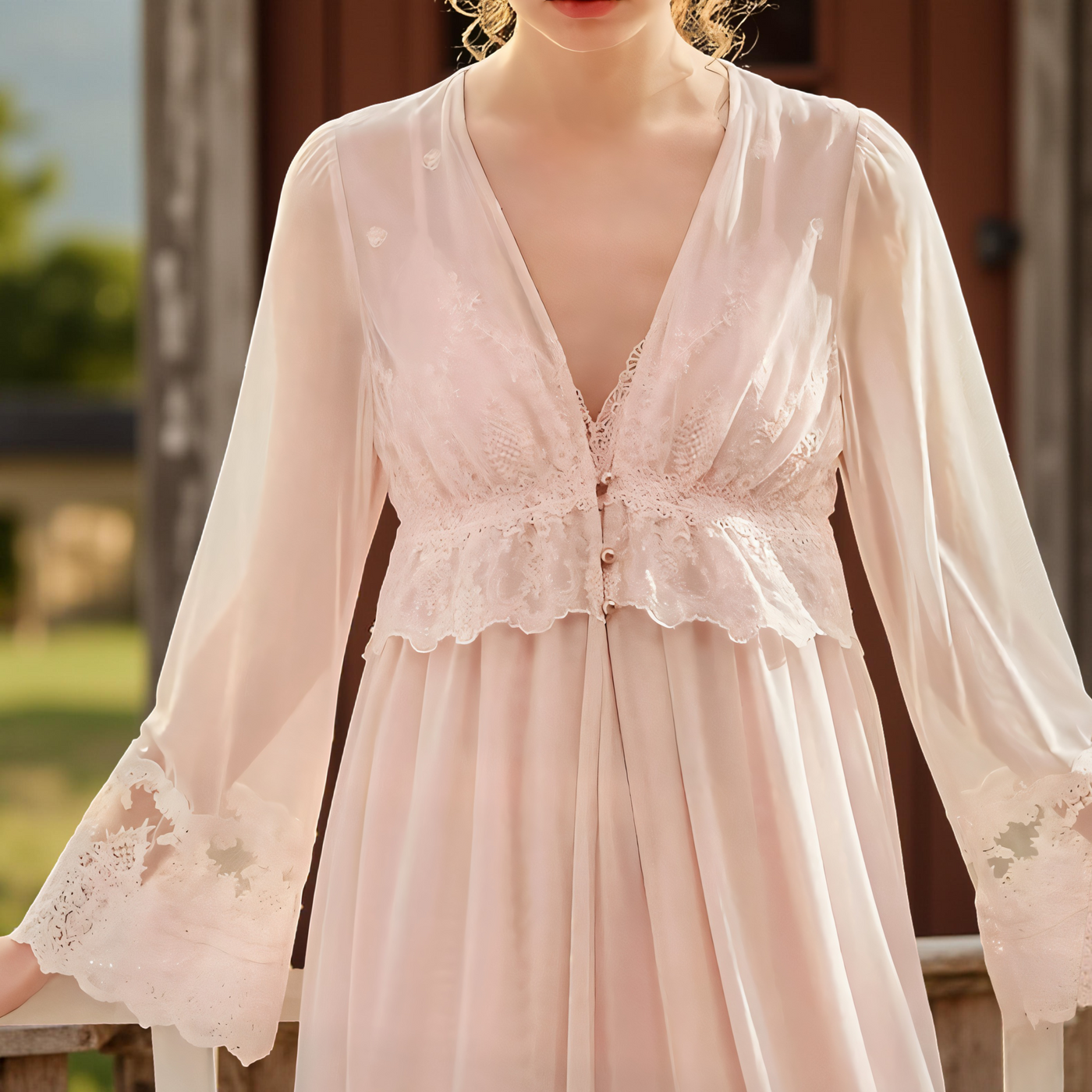 Close-up of lace embroidery and button detail on pink chiffon nightgown – Velourine Attire
