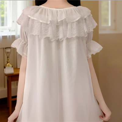 Vintage-inspired white chiffon nightgown with lace ruffle neckline and long sheer sleeves – Velourine Attire luxury sleepwear