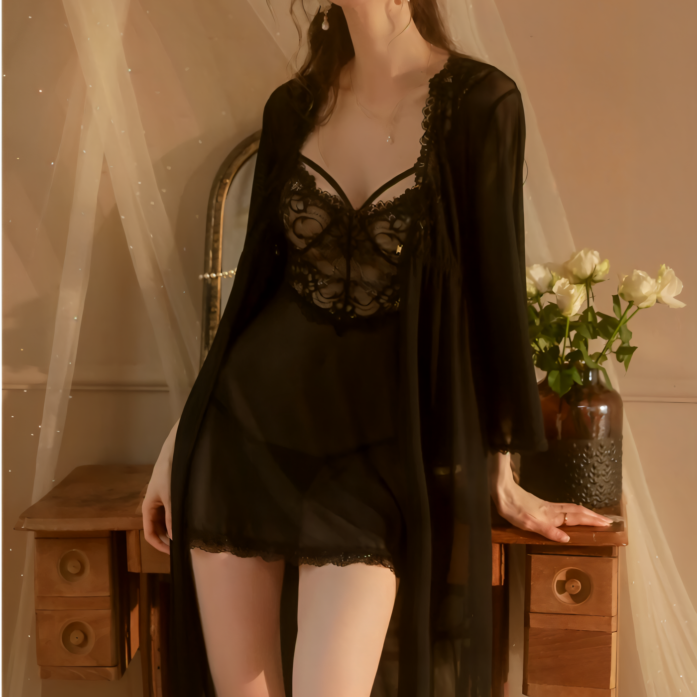Sheer Black lace nightdress with matching robe and deep V neckline – Velourine Attire luxury lingerie