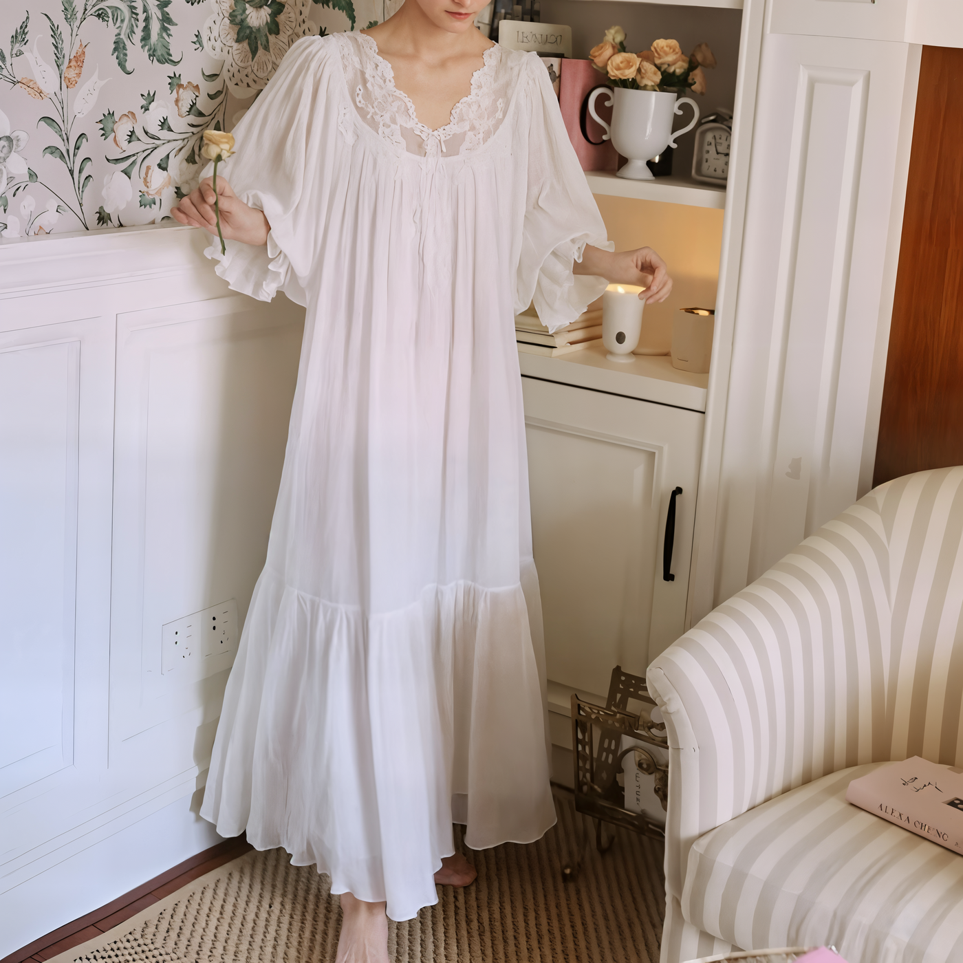 Romantic White Lace Nightgown – Long, Loose-Fit 100% Cotton Sleepwear for Women