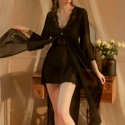 Sheer Black lace nightdress with matching robe and deep V neckline – Velourine Attire luxury lingerie