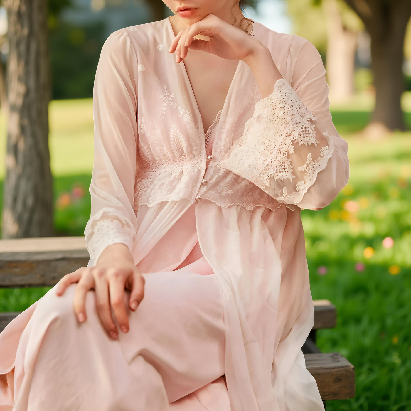 Light pink chiffon Modern Stylish nightgown with lace embroidery, button-front detail and long sheer sleeves – Velourine Attire elegant sleepwear