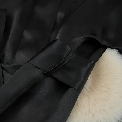 Black satin robe with feather-trimmed sleeves and waist tie – Velourine Attire luxury bridal nightwear