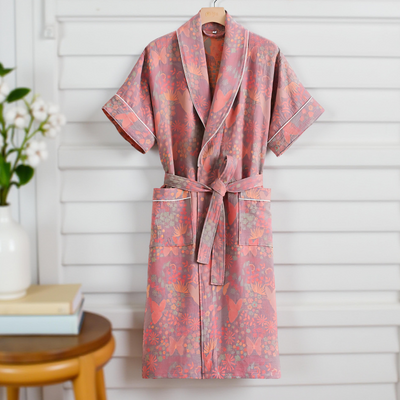 Women’s newl print cotton robe with belt and front pockets – Velourine Attire loungewear