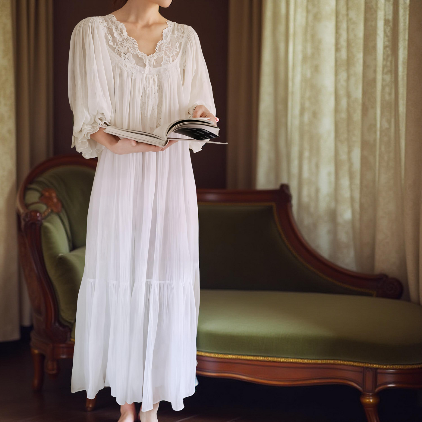 Romantic White Lace Nightgown – Long, Loose-Fit 100% Cotton Sleepwear for Women