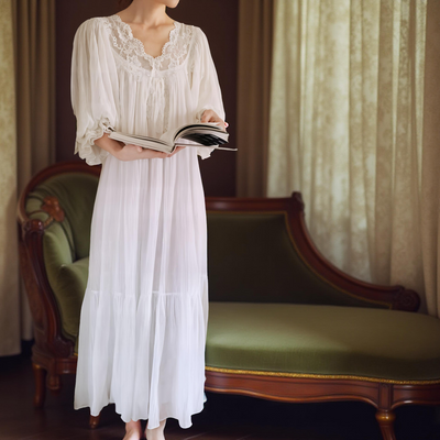 Romantic White Lace Nightgown – Long, Loose-Fit 100% Cotton Sleepwear for Women