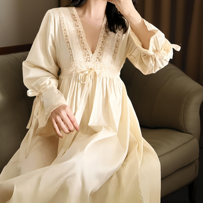 Beige long-sleeve cotton nightgown with deep lace V-neck and waist tie – Velourine Attire vintage sleepwear