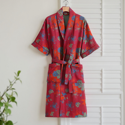 Women’s new Red floral print cotton robe with belt and front pockets – Velourine Attire loungewear