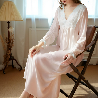 Full view of Long-sleeve light pink chiffon nightgown with lace V-neck detail – Velourine Attire vintage sleepwear