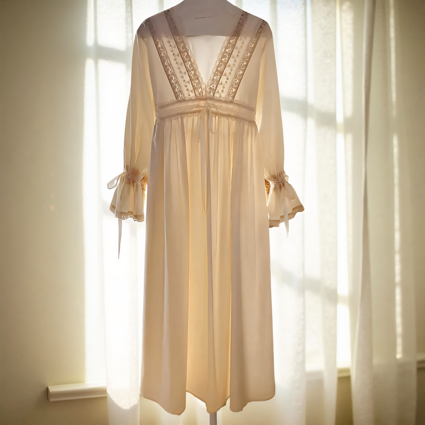 Beige dress with lace details on a mannequin in front of a window with sheer curtains.