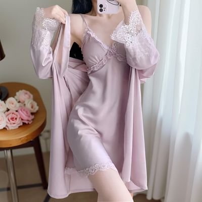Light pink satin slip dress with lace trim and matching robe – Velourine Attire elegant nightwear set